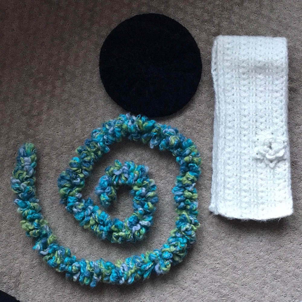 Bundle of winter beret hat, boa, and scarf